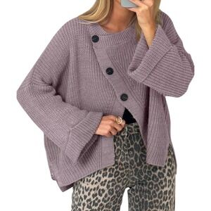 Unbranded Ribbed Knit Sweater Womens L Purple Viscose Asymmetrical Button Boho